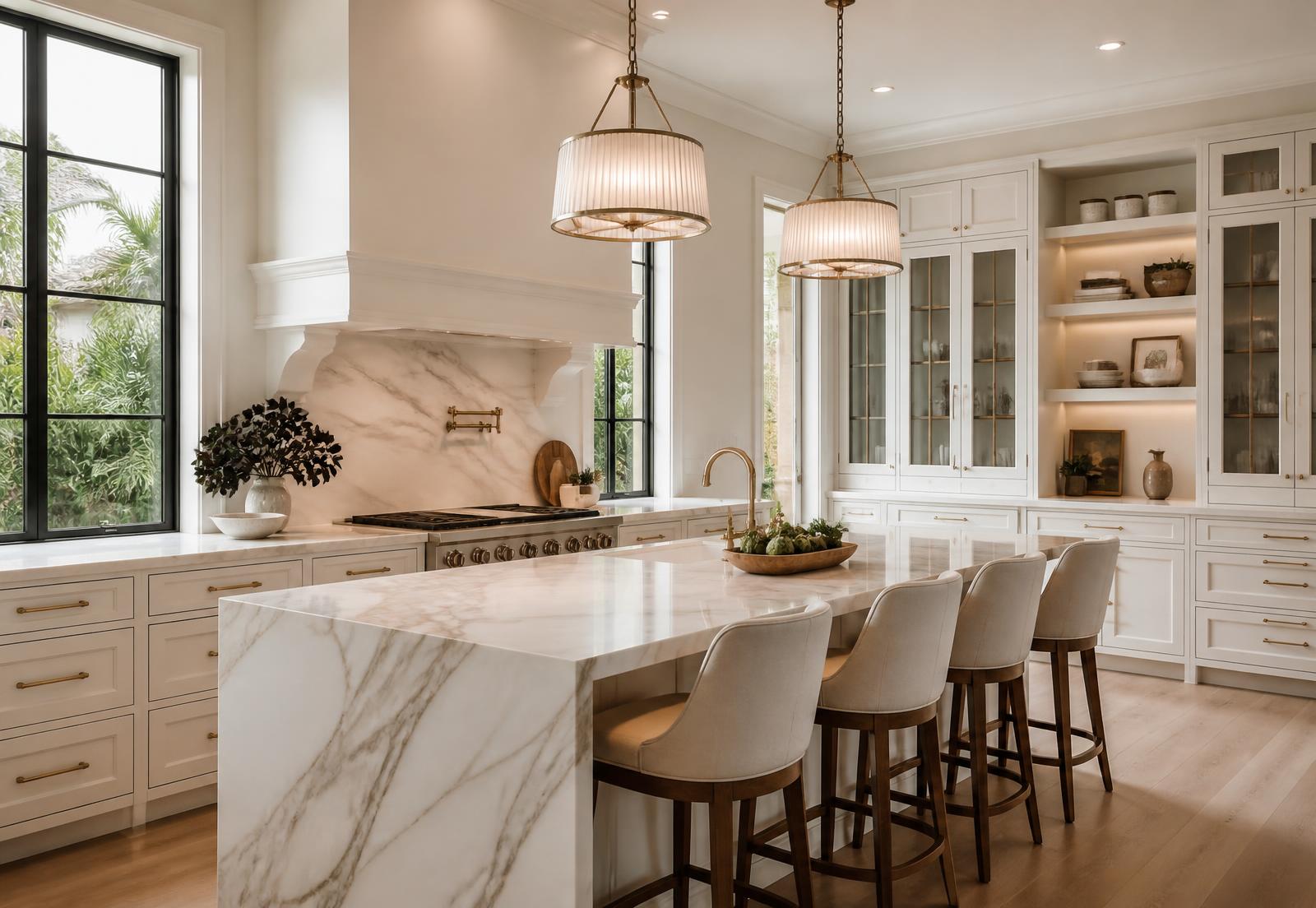 Bright upscale Tampa kitchen with pendant lighting